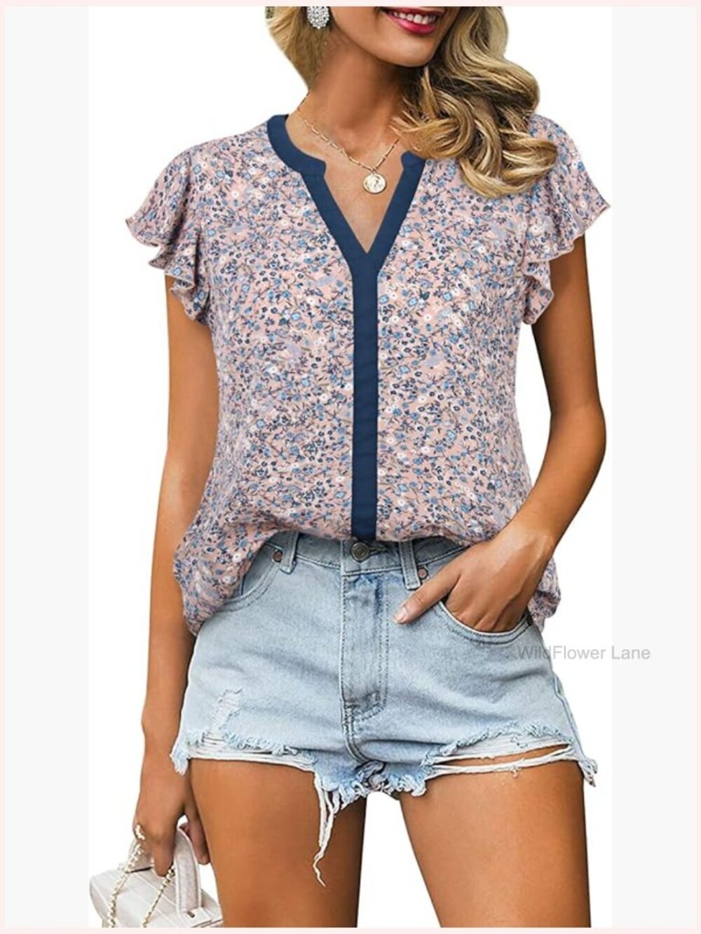 Short Sleeve Chiffon Blouse V-Neck Ruffle